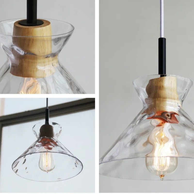 RippleWood Glas Pendelleuchte mit Holz | Modernes Design | Elegante Hängelampe | Nachhaltige Beleuchtung