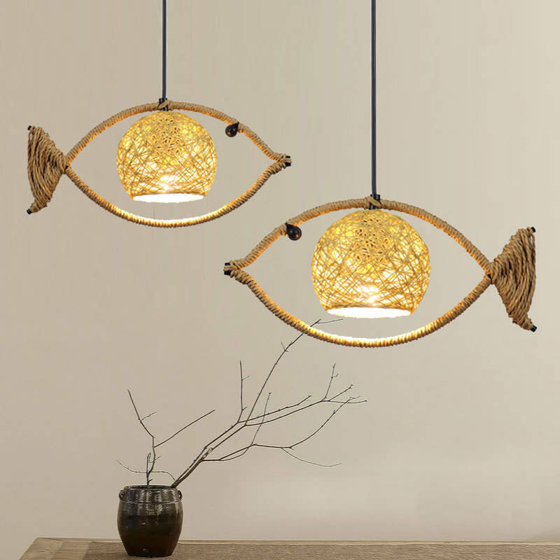 FishLoom Kreative Pendelleuchte | Fischform aus Hanfseil & Weidengeflecht | 1-flammige LED-Hängeleuchte | Rustikale Deko