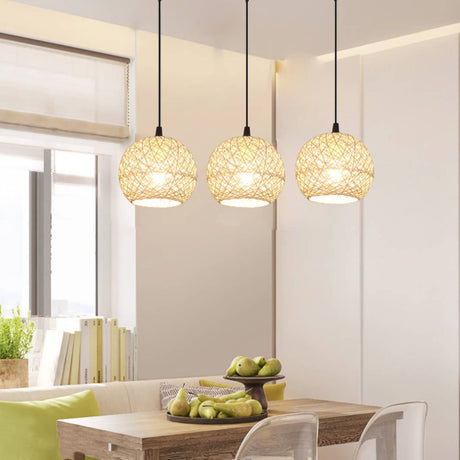 GlobeRattan – Beige Geflochtene Rattan Pendelleuchte | 1/3 Lichter | Elegantes Design