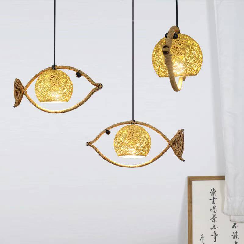 FishLoom Kreative Pendelleuchte | Fischform aus Hanfseil & Weidengeflecht | 1-flammige LED-Hängeleuchte | Rustikale Deko