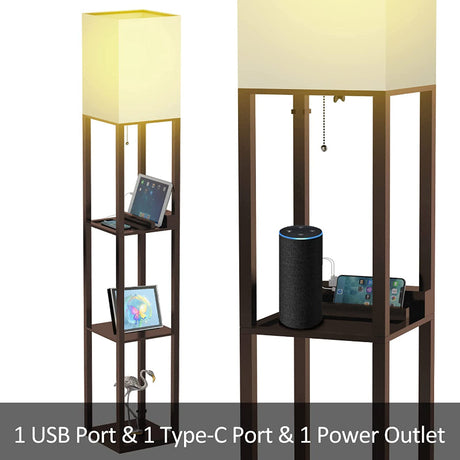 ShelfLoom Stehlampe mit Regalen | Regal-Stehlampen aus Massivholz | Mit 2 USB-Ladeports & Steckdose | Für Schlafzimmer & Wohnzimmer