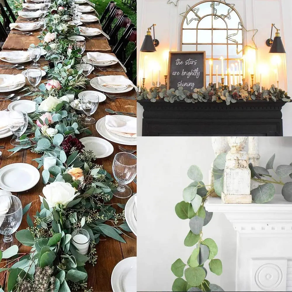 EucaGreen™ Eukalyptus Girlande 2er Set | Kunstpflanzen Deko | Ideal für Hochzeit, Tischdeko & Wanddekoration