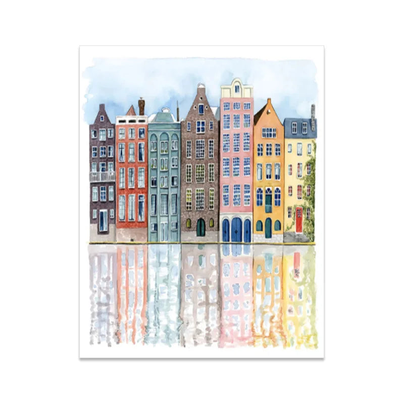 UrbanVista Aquarellfassaden Poster | Leinwanddruck mit alten bunten Gebäuden | Wandkunst für Wohnzimmer & Heimdekoration