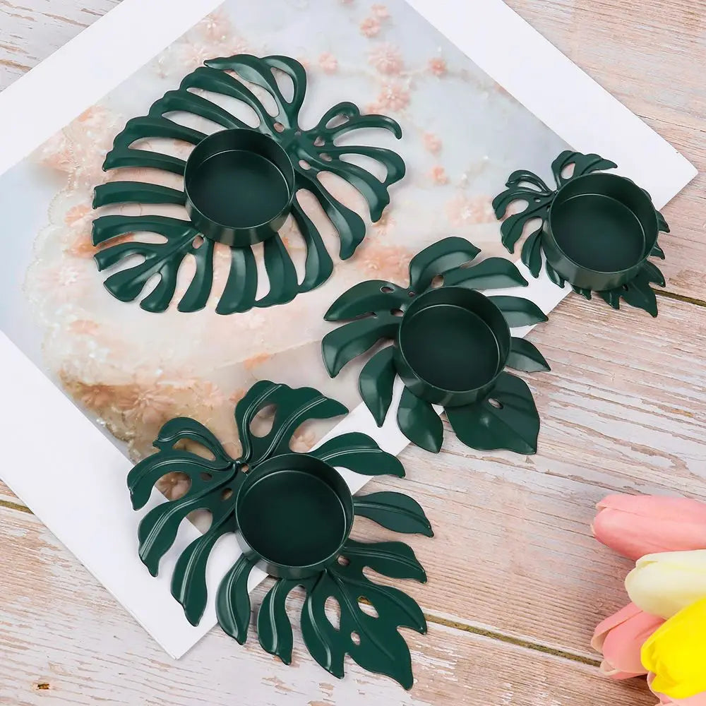 LumiLeaf Monstera Kerzenhalter aus Eisen | Gold & Grün | Tropisches Design | Wohn- und Tischdeko