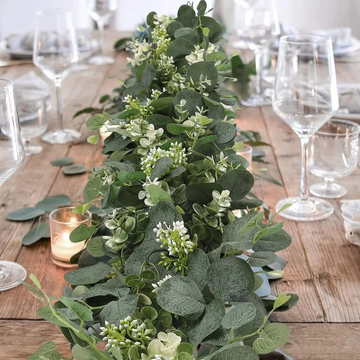 EucaGreen™ Eukalyptus Girlande 2er Set | Kunstpflanzen Deko | Ideal für Hochzeit, Tischdeko & Wanddekoration