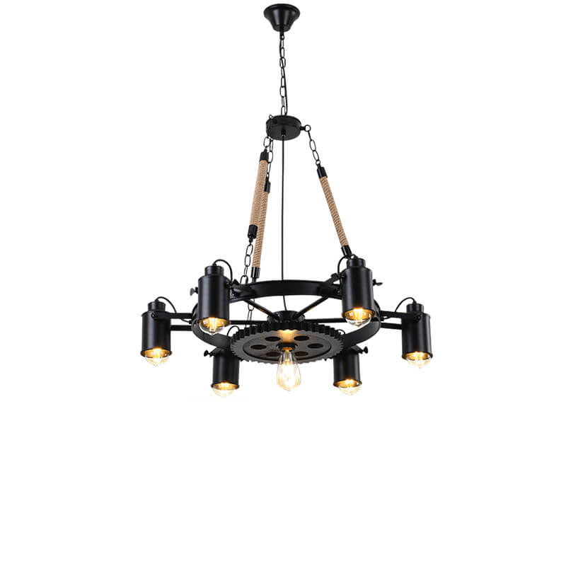 GearLume Retro Industrial Kronleuchter | Eisen-Design | Hanfseil-Lampen | 6/8/10 Leuchten | Vintage Beleuchtung