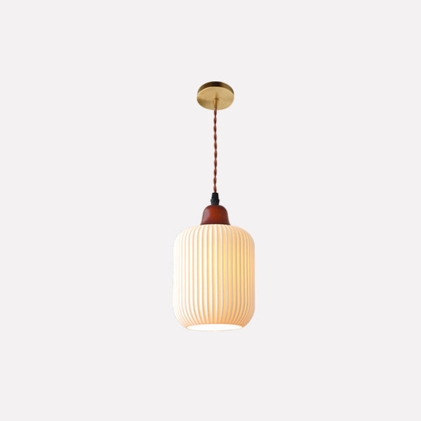 KyotoSphere Japanische Vintage Pendelleuchte | Gefaltete Keramik | Runde Holzkuppel | 1-flammig | Dekoratives Licht