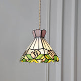 Roselume Tiffany Pendelleuchte | Vintage Rosenmotiv | Buntglas Kegelform | 1-Licht Hängelampe
