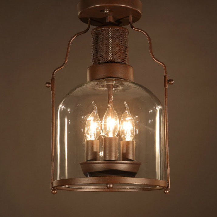 LumoForge Antike Eisen-Glas-Laternen-Deckenleuchte | Vintage 3-Flammig | Semi-Flush Mount