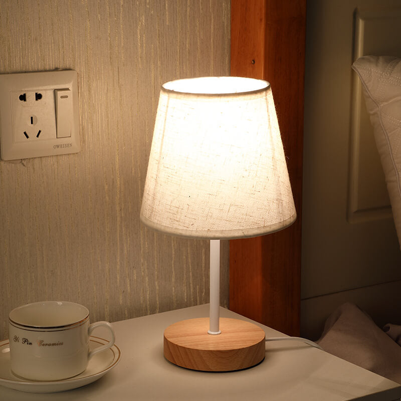 AureLoom Nordic Vintage Tischlampe | Stoffkegel | Massivholz | LED-Licht | Dimmbare Optionen | Dekorativ für Zuhause