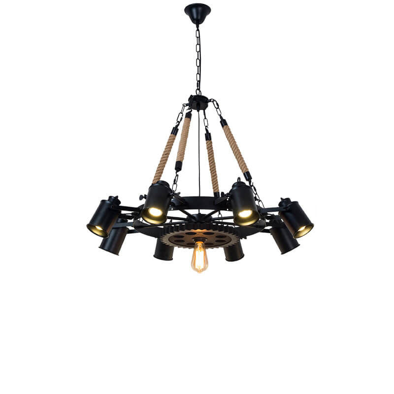 GearLume Retro Industrial Kronleuchter | Eisen-Design | Hanfseil-Lampen | 6/8/10 Leuchten | Vintage Beleuchtung