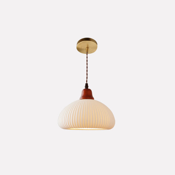 KyotoSphere Japanische Vintage Pendelleuchte | Gefaltete Keramik | Runde Holzkuppel | 1-flammig | Dekoratives Licht