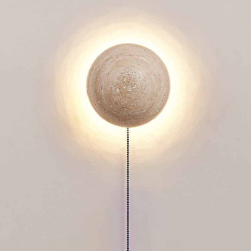 WabiGlow Minimalistische LED Wandleuchte | Runder Travertin | Japanisches Wabi-Sabi Design | Warmes Licht | Dekorative Beleuchtung