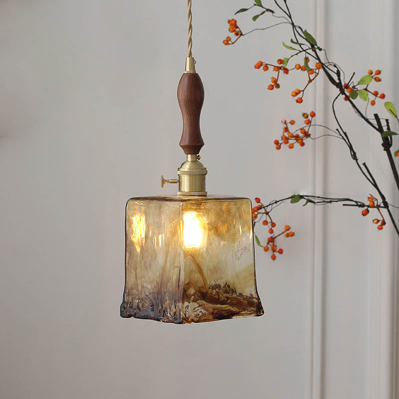 Auralina Pendelleuchte | Modernes Design | Bernstein-Glas | Walnussgriff | LED-Beleuchtung für Wohnzimmer