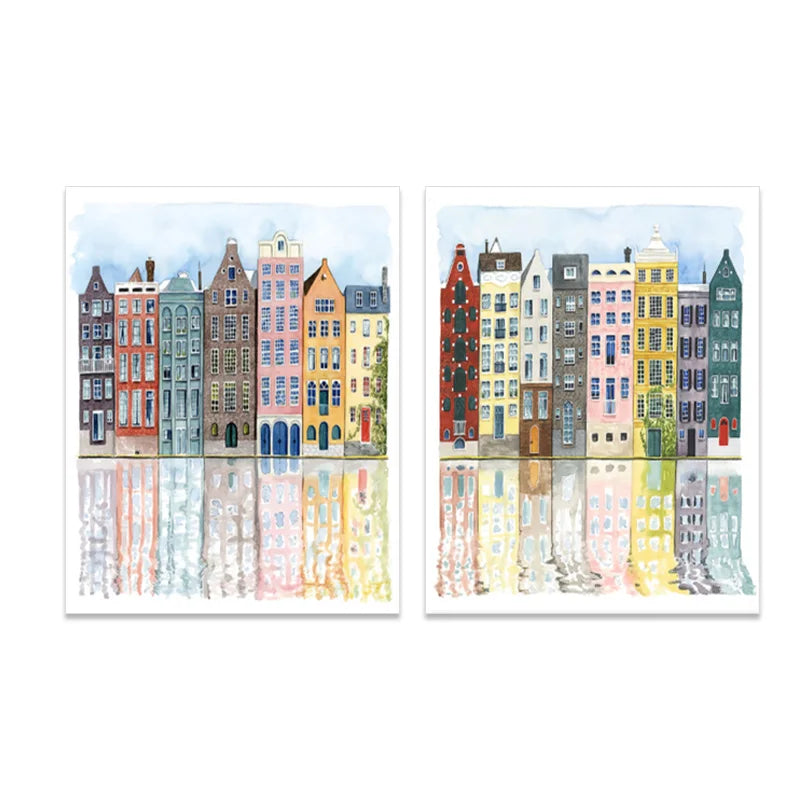 UrbanVista Aquarellfassaden Poster | Leinwanddruck mit alten bunten Gebäuden | Wandkunst für Wohnzimmer & Heimdekoration