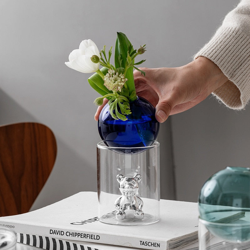 CosmoBear Glasvase | Galaktisches Design | Dekorative Vase | Bärförmige Glasvase für Blumen und Dekoration