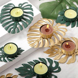 LumiLeaf Monstera Kerzenhalter aus Eisen | Gold & Grün | Tropisches Design | Wohn- und Tischdeko