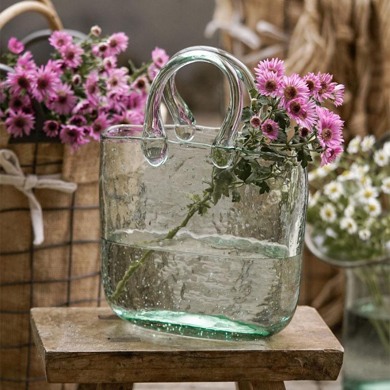 GlassBag Design-Glasvase | Modernes Korb- und Taschen-Design | Dekorative Vase | Handgefertigtes Wohnaccessoire