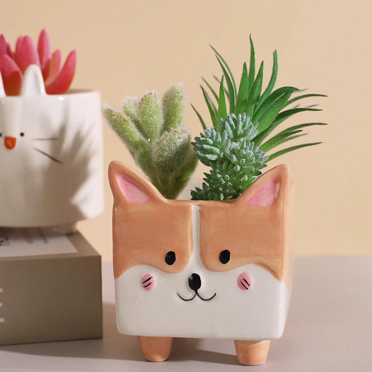 PlanterPets Keramik Tier-Übertopf Set | Quadratische Sukkulententöpfe | Ideal für Innenräume & Dekoration