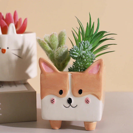 PlanterPets Keramik Tier-Übertopf Set | Quadratische Sukkulententöpfe | Ideal für Innenräume & Dekoration