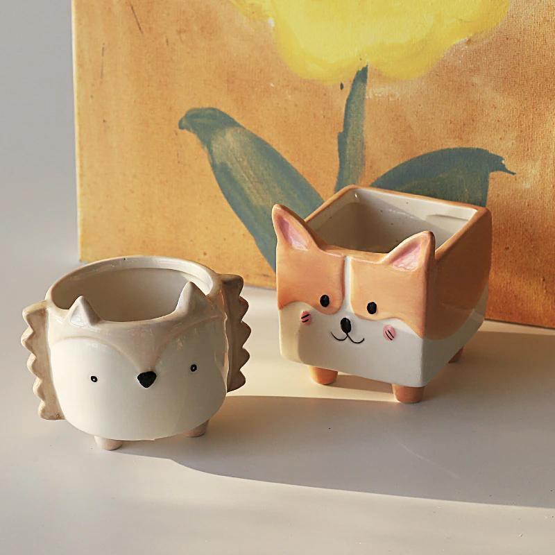 PlanterPets Keramik Tier-Übertopf Set | Quadratische Sukkulententöpfe | Ideal für Innenräume & Dekoration