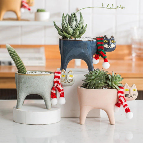 KittyCharm Glasiertes Keramik-Pflanzgefäß | Katzen-Design | Stilvolle Deko