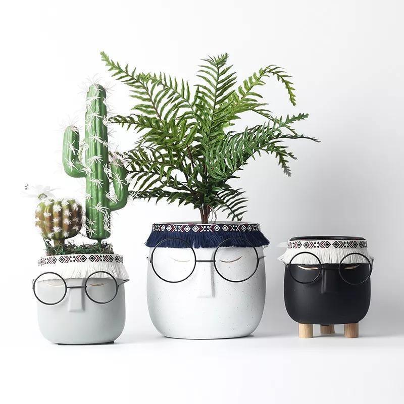 FaceArt Keramik Blumentopf mit Brille & Stirnband | Modernes Design | Dekorative Pflanzenvase