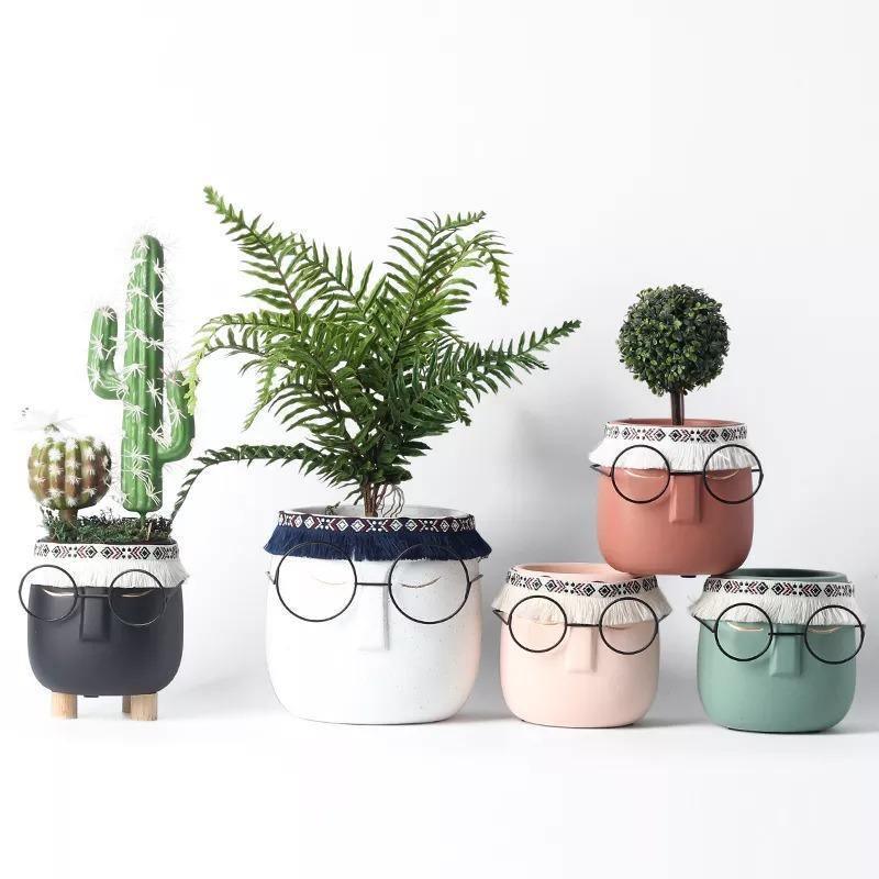 FaceArt Keramik Blumentopf mit Brille & Stirnband | Modernes Design | Dekorative Pflanzenvase