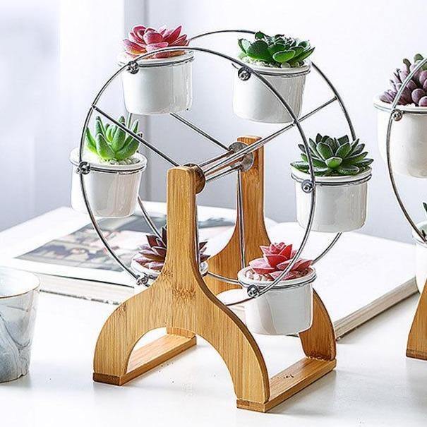 PlanterWheel Holz-Karussell mit Keramik Sukkulententöpfen | Stilvolle Pflanzen-Deko | Rotierende Eleganz