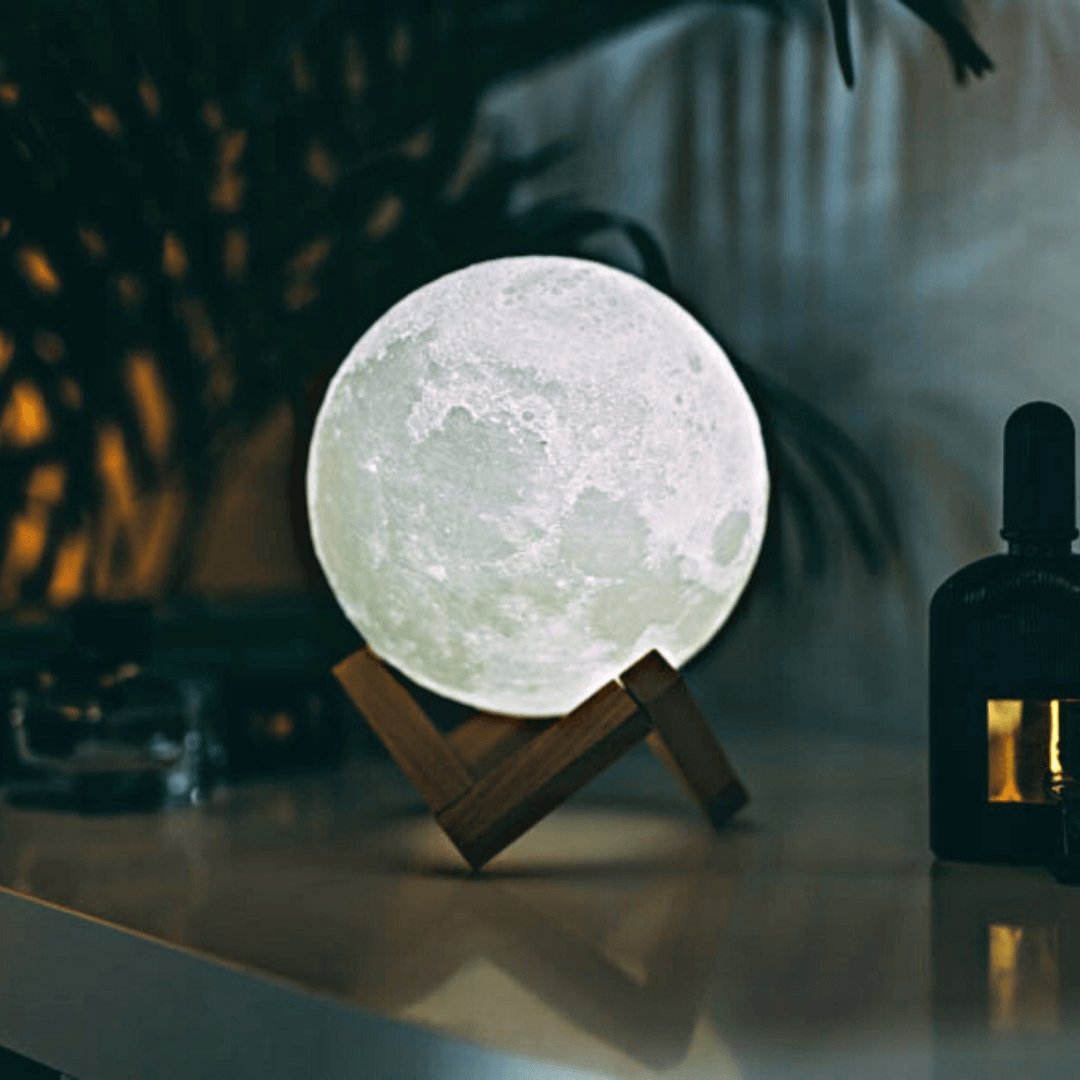 LunaGlow Mondlampe | 3D-gedrucktes LED Stimmungslicht | Kabellos | Dimmbare Nachtlampe | Deko für Zuhause