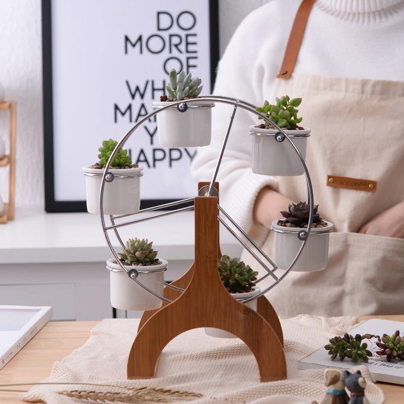 PlanterWheel Holz-Karussell mit Keramik Sukkulententöpfen | Stilvolle Pflanzen-Deko | Rotierende Eleganz