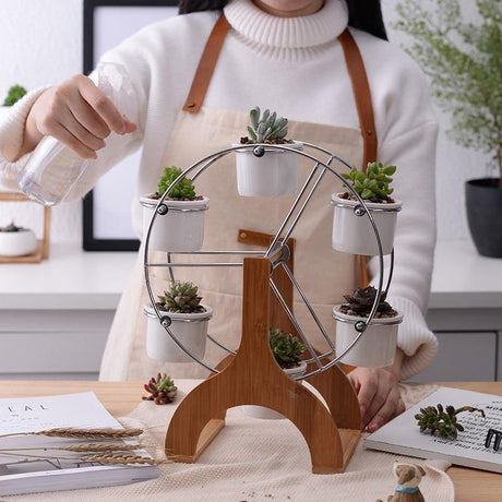PlanterWheel Holz-Karussell mit Keramik Sukkulententöpfen | Stilvolle Pflanzen-Deko | Rotierende Eleganz