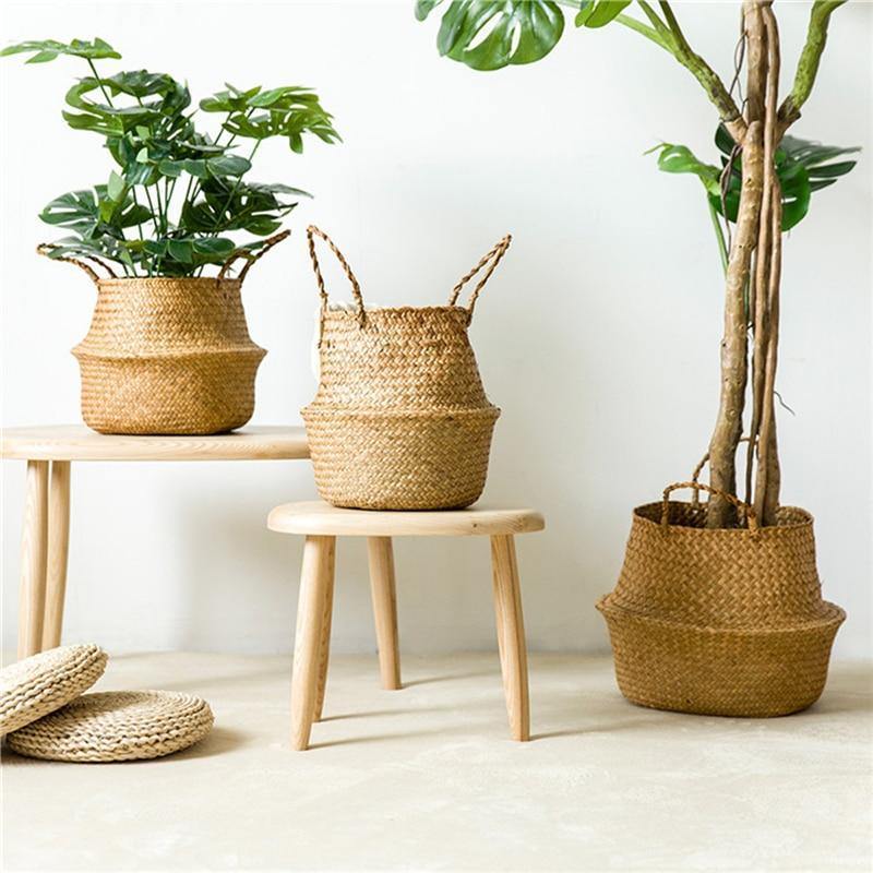 RattaStyle Handgefertigter Rattan-Pflanzkorb oder Aufbewahrungskorb mit Griffen | Modern & Vielseitig | Deko für Zuhause