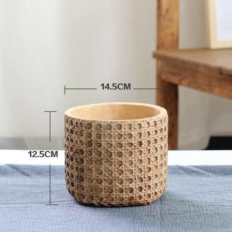 TerraWeave Rattan Struktur Pflanztopf | Handgefertigter Zement Übertopf | Für Indoor & Outdoor | Modernes Design