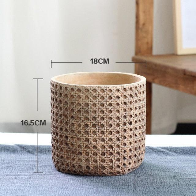 TerraWeave Rattan Struktur Pflanztopf | Handgefertigter Zement Übertopf | Für Indoor & Outdoor | Modernes Design