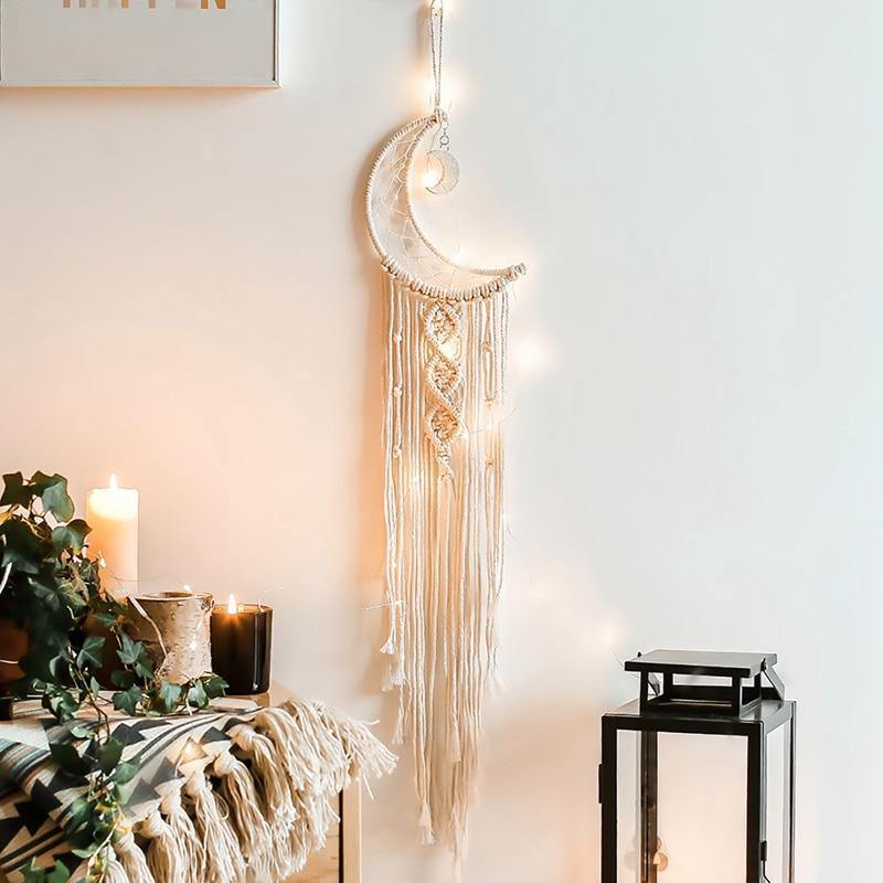 DreamLoom Mond-Dekoration Makramee | Traumfänger Wandteppich | Boho Chic Wanddeko