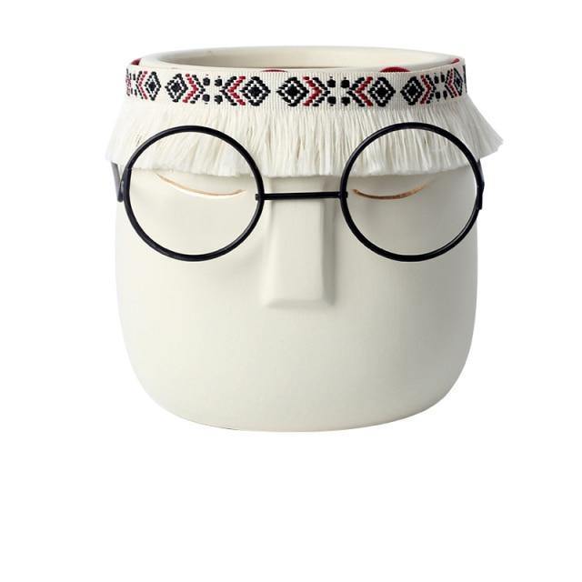 FaceArt Keramik Blumentopf mit Brille & Stirnband | Modernes Design | Dekorative Pflanzenvase