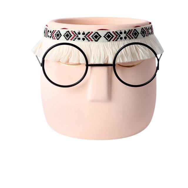 FaceArt Keramik Blumentopf mit Brille & Stirnband | Modernes Design | Dekorative Pflanzenvase