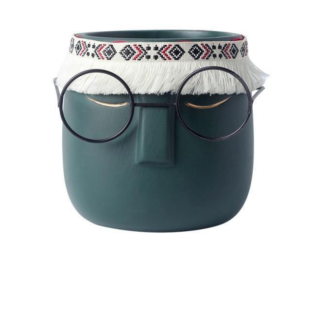 FaceArt Keramik Blumentopf mit Brille & Stirnband | Modernes Design | Dekorative Pflanzenvase
