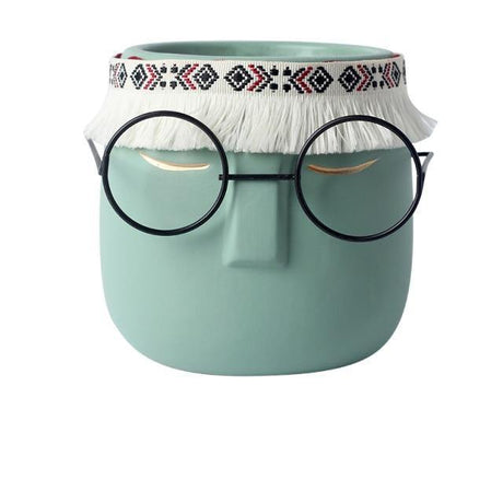 FaceArt Keramik Blumentopf mit Brille & Stirnband | Modernes Design | Dekorative Pflanzenvase