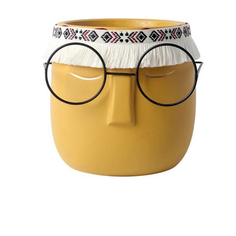 FaceArt Keramik Blumentopf mit Brille & Stirnband | Modernes Design | Dekorative Pflanzenvase