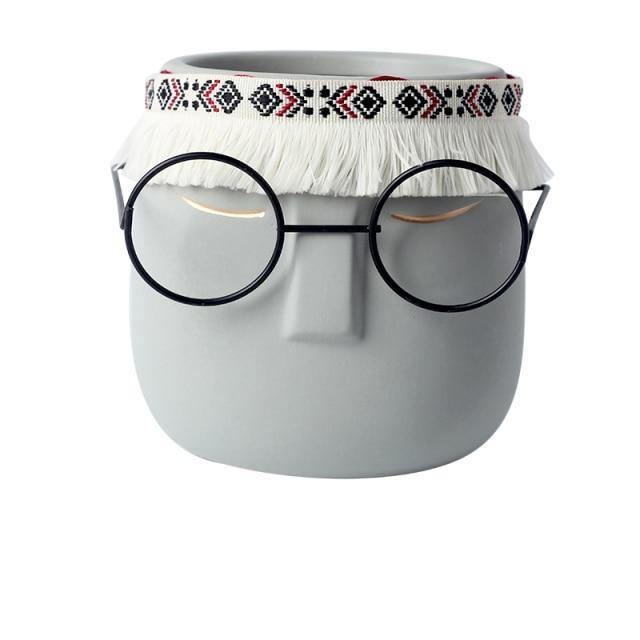 FaceArt Keramik Blumentopf mit Brille & Stirnband | Modernes Design | Dekorative Pflanzenvase