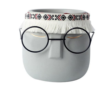 FaceArt Keramik Blumentopf mit Brille & Stirnband | Modernes Design | Dekorative Pflanzenvase