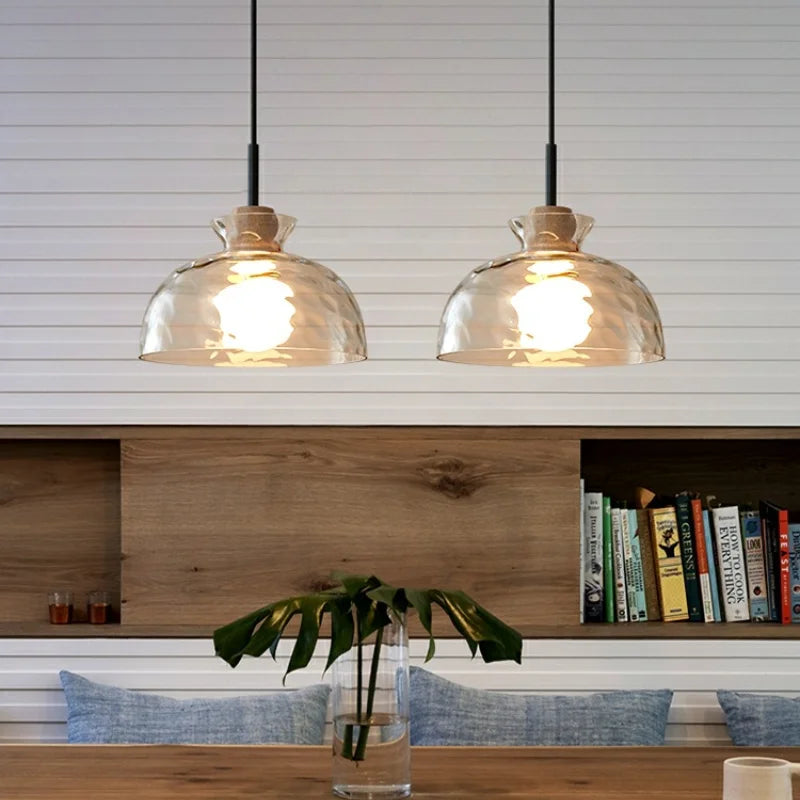 RippleWood Glas Pendelleuchte mit Holz | Modernes Design | Elegante Hängelampe | Nachhaltige Beleuchtung