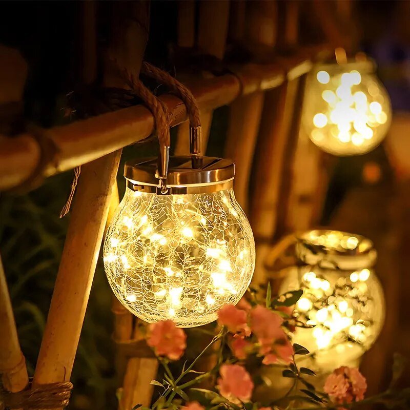 SunAura Solar Glaslaterne | LED Kugellampe mit Hanfseil | Wasserdichte Hängelampe für Garten & Terrasse