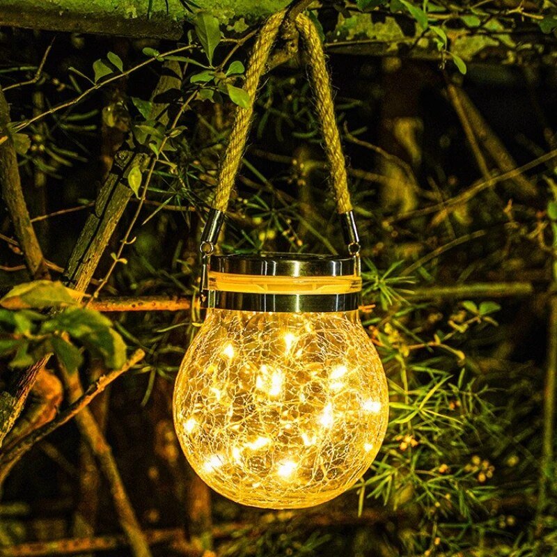 SunAura Solar Glaslaterne | LED Kugellampe mit Hanfseil | Wasserdichte Hängelampe für Garten & Terrasse