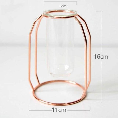 FloraFloat Eisen-Glas-Geometrische Vase | Schwebe-Design für Pflanzenvermehrung & Dekoration | In Gold & Rosébraun | Verschiedene Größen
