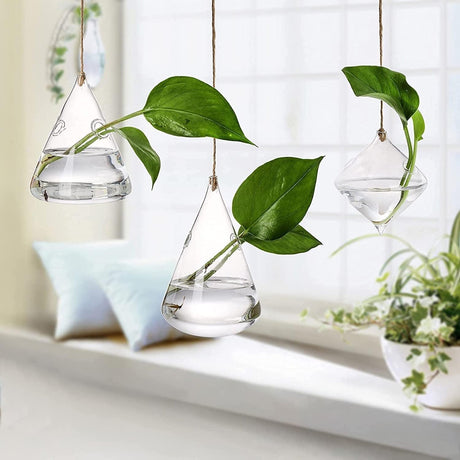 GlasLuxe 3-teiliges Set Glas-Hänge-Terrarienvasen | Elegante Pflanzenhalter | Deko für Zuhause